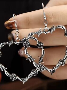 Silver Heart Hoop Earrings with Rose & Barbed Wire Motif - Unbranded